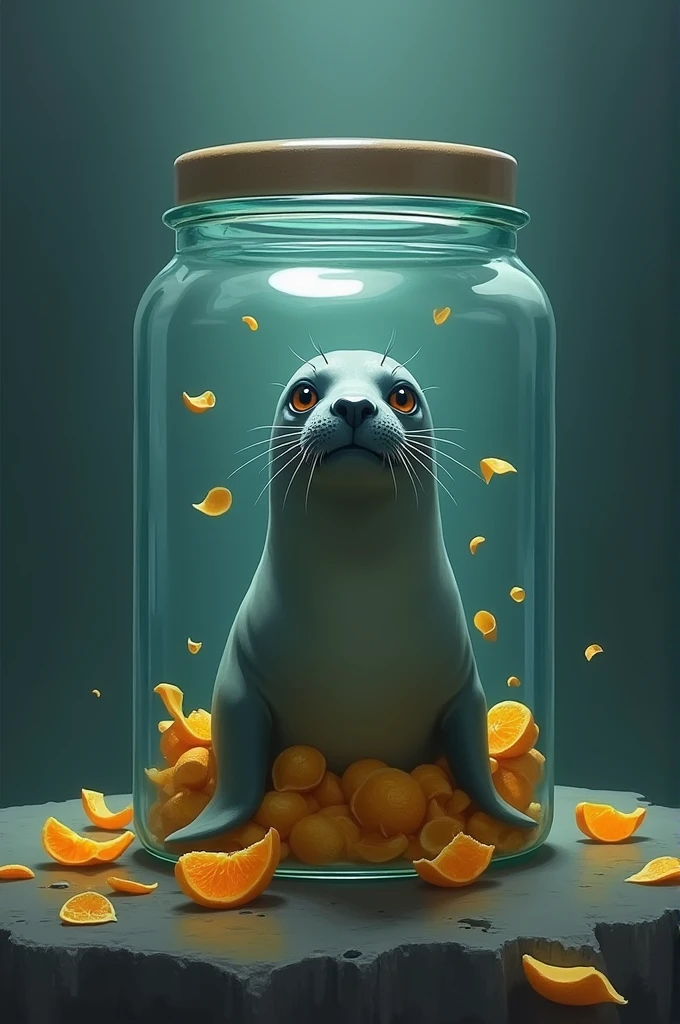 The seal is in the glass and is very sad. There are orange peels floating in the water all over the glass.