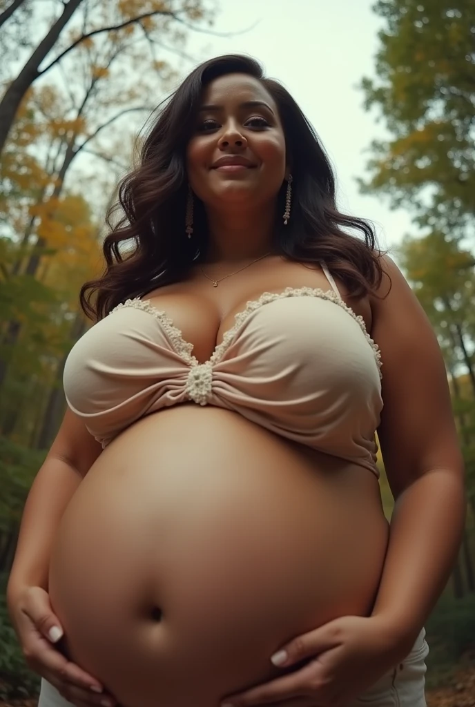 Pov fisheye angle view when having a stepmother cardi b with a plus size body with sagging breast size who is pregnant with a very big stomach around 40 weeks like a giant and wants to eat you because she is hungry outdoors. HD, realface, cinematic