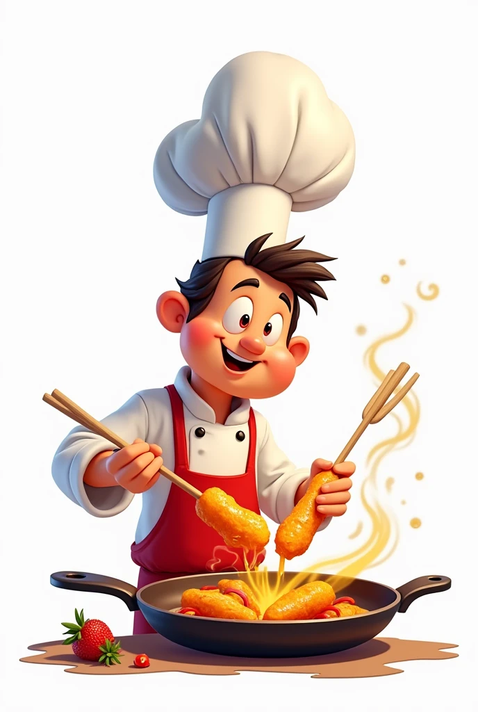 Cartoon chef making fried skewers on white background