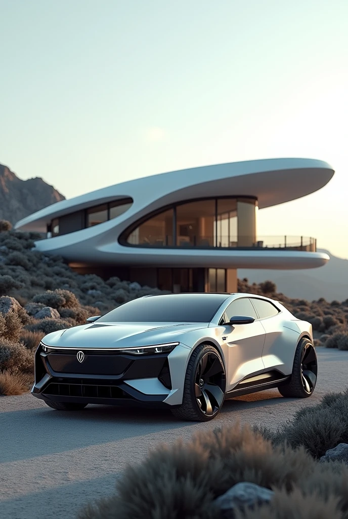 Futuristic SUV in front of futuristic house somewhere remote on earth!
