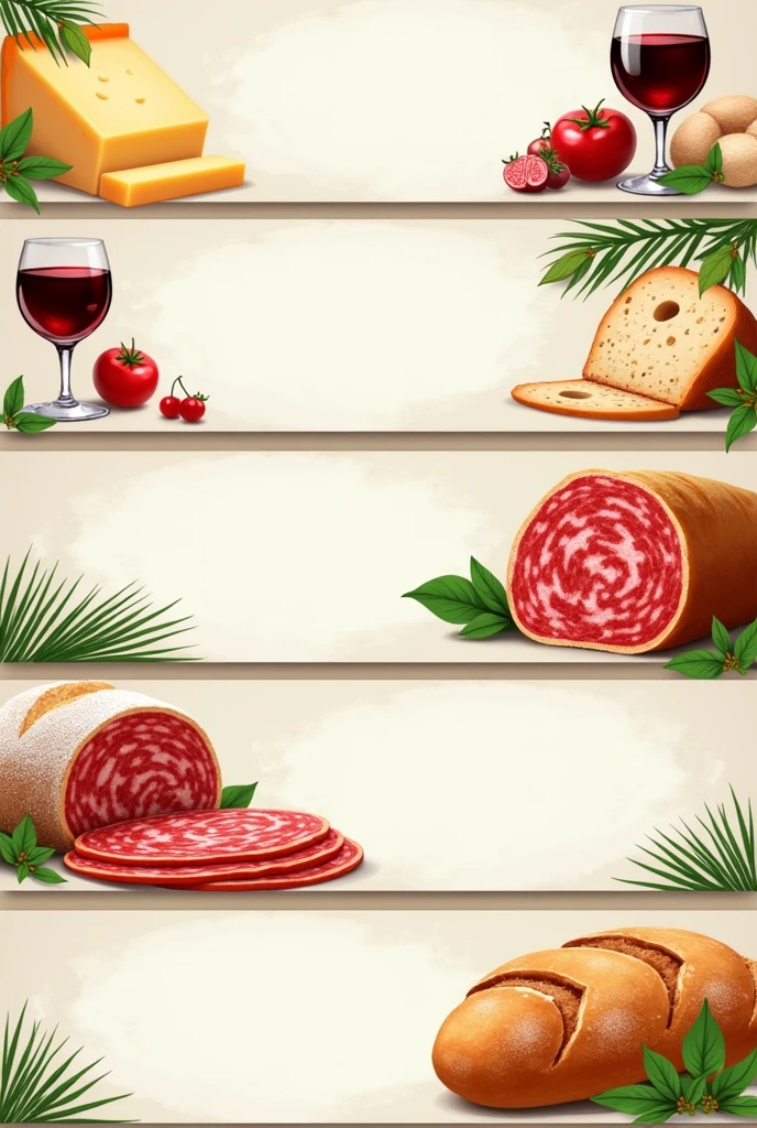 5 different banners for me to choose from cheese, wine, mortadella, salami, bread with a space on the left side to put a price list