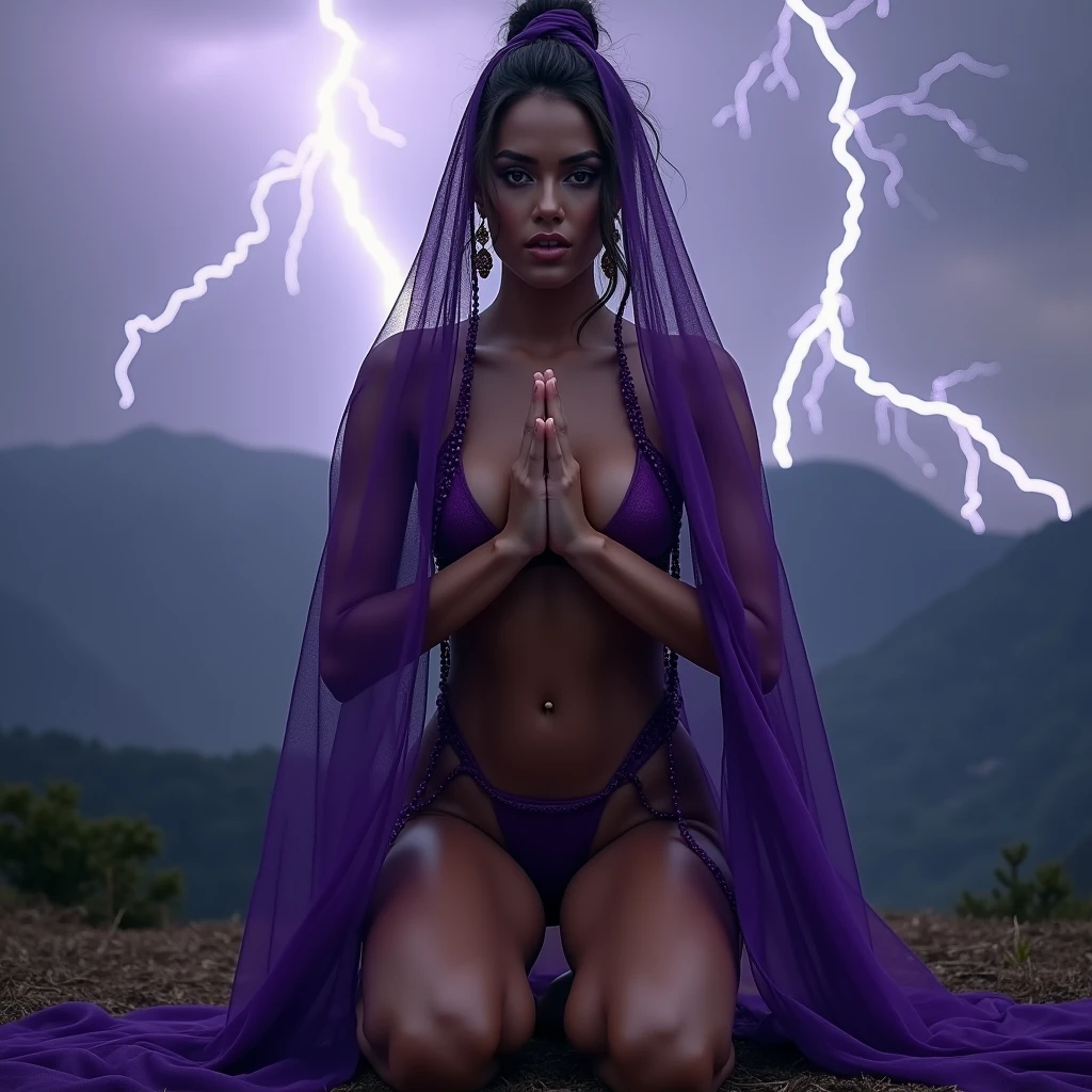 1 nubile Miss Venezuela goddess is praying, and wearing a vivd glossy purple veiled Jezebel in the bible harem bikini regalia while extreme squatting, 3:4 full frontal body portrait, ((merge and use young faces of Alice Eve and Rila Fukushima into best 50/50 blend)), (eyes wide open, wide open eyes, blank stare, best detailed face, best lifelike face, best lifelike nose and eyes), Grecian upstyle hairstyle with high standing ponytail, pucker lips, pale snowy colored skin, huge hoop earrings, bodacious, playboy playmate archetype, perfect bikini body, (((massive breasts))), sweaty, show cameltoe, show underboobs, mindless facial expression, deeply hypnotized facial expression, deeply entranced facial expression, ((primeval backdrop with Intense lightning strikes and severe thunderstorms towering over misty mountains)), (RAW Photo, 12K, best quality, best masterpiece, hires, best realism, best photorealism, vivid colors and natural outdoor lighting)