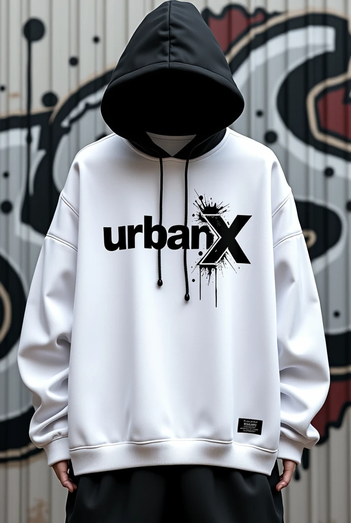 A high-quality, realistic image of an oversized white 'UrbanX' logo sweatshirt with a black hoodie, featuring a unique urban-inspired graphic illustration. The sweatshirt should be the sole focus of the image, with no people or additional clothing visible. The graphic print should be bold and original, street art, complementing the "UrbanX" logo prominently displayed on the front. The background should feature a graffiti covered wall with black and white paint splatters, enhancing the urban atmosphere. The overall aesthetic should be modern, bold and elegant, highlighting the brand's distinctive urban appeal."