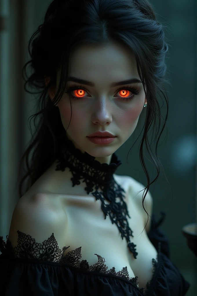 Woman turns into a vampire and her eyes turn a reddish orange color  , beautiful face , with a very pretty gothic dress 