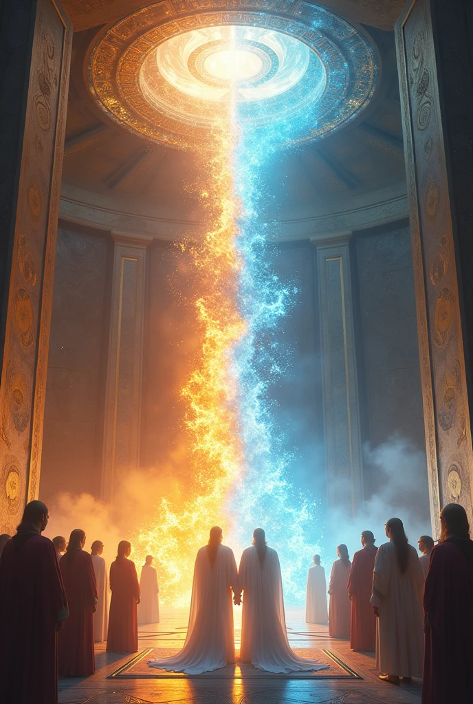 A room where several gods are meeting, show a room, a larger room with gods that contain power, gods with the power of fire and water. 