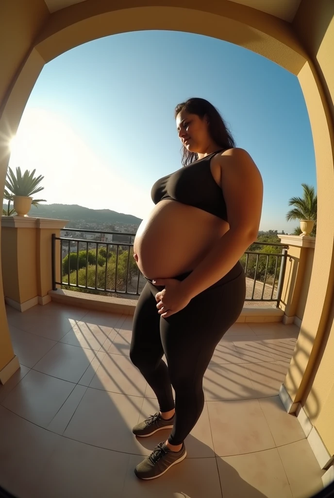 Your POV view of a Latin Argentinian stepmom with a plus size body wearing gym clothes who is heavily pregnant on the terrace of the house. fisheye camera view, iphone camera style. HD, realface, cinematic, high shappering