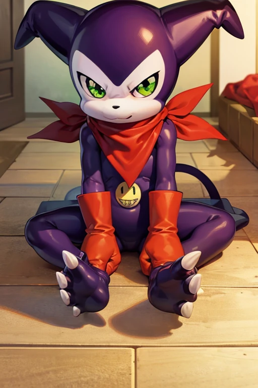  fountain_cheered up, Impmon, 1 chico, alone, digimon (creature), non-human, Full view, green eyes, cola, gloves, claws, red gloves, purpura, scarf, standing, looking at the viewer, sitting on the floor