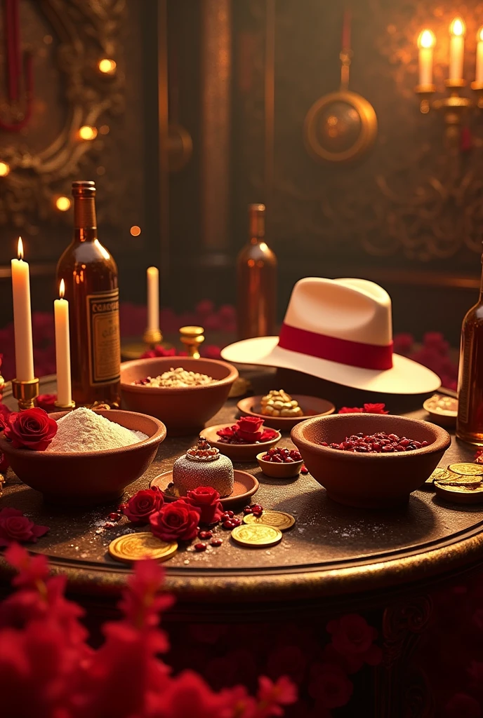 Luxury cabaret, with lots of details, full of gold and in the middle several macumba works, umbanda, clay bowl, clay bowls with flour, chili pepper, red roses , dados, gold-coins, white and red candles lit and melted, bottles of whiskey and bottles of beer, red smoke at the bottom of the image, a white Panama hat with a red band, without any person, cabaret, African matrix, umbanda, money,