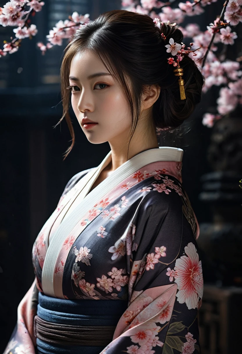 1girl , genius dressed Kimono lady Keiko, (incredibly_absurdres:1.5),  'solo' 'an extremely delicate , beautiful girl , 8k wallpaper, sakura:1.6,  intricate details High Quality, 8k, Realistic, Ultra-Detailed, Dramatic Lighting, Soft Focus, Digital Illustration, Strong Gaze, Complex Mechanics, Advanced Technology, Dark Background, Cinematic, High Contrast, Moody, Strict, Atmosphere, (Best Quality, 4k, 8k, High Definition, Masterpiece: 1. 2 ), ultra-detailed, (realistic, graphic, photorealistic:1.37) --no glass