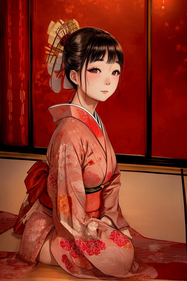 photorealistic, solo, beautiful Japan woman, traditional kimono, natural figure, soft smile, impressive gaze, traditional hairstyle, Japanese room at dusk, sitting by the window, illuminated by city lights, (attractive pose), professional photographer, shallow depth of field, backlit,