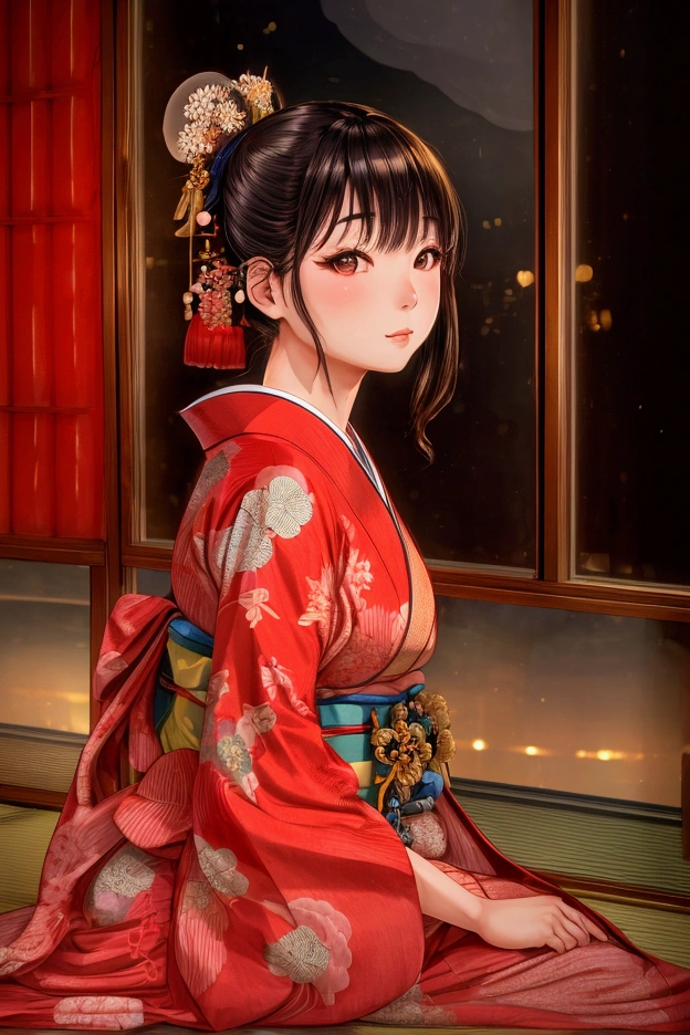 photorealistic, solo, beautiful Japan woman, traditional kimono, natural figure, soft smile, impressive gaze, traditional hairstyle, Japanese room at dusk, sitting by the window, illuminated by city lights, (attractive pose), professional photographer, shallow depth of field, backlit,