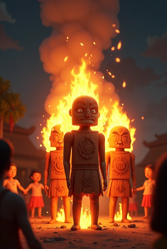 In cinematic 3d cartoon styleIn"Capture the moment when these effigies are set ablaze, with flames rising up into the night sky"