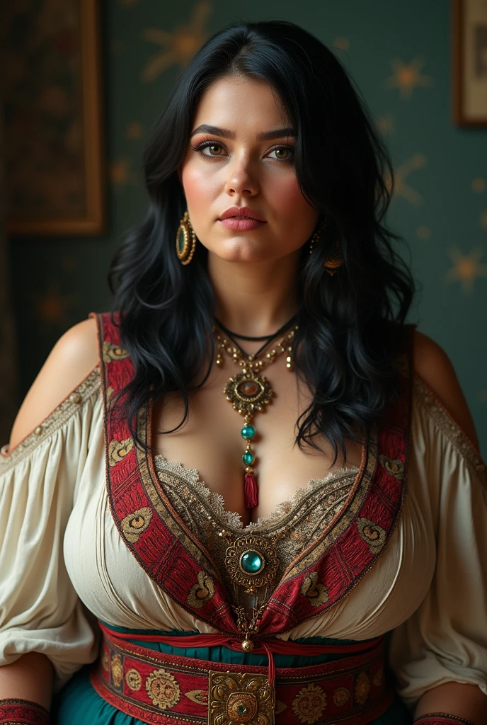 woman, shoulder-length straight black hair, medium bust, plump, dressed as a gypsy, looking at the camera, photorealistic
