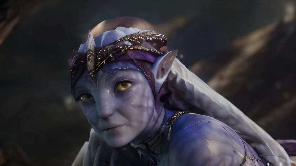 Na'vi purple skin woman with a white dress, with a dirty hijab in head, Place break