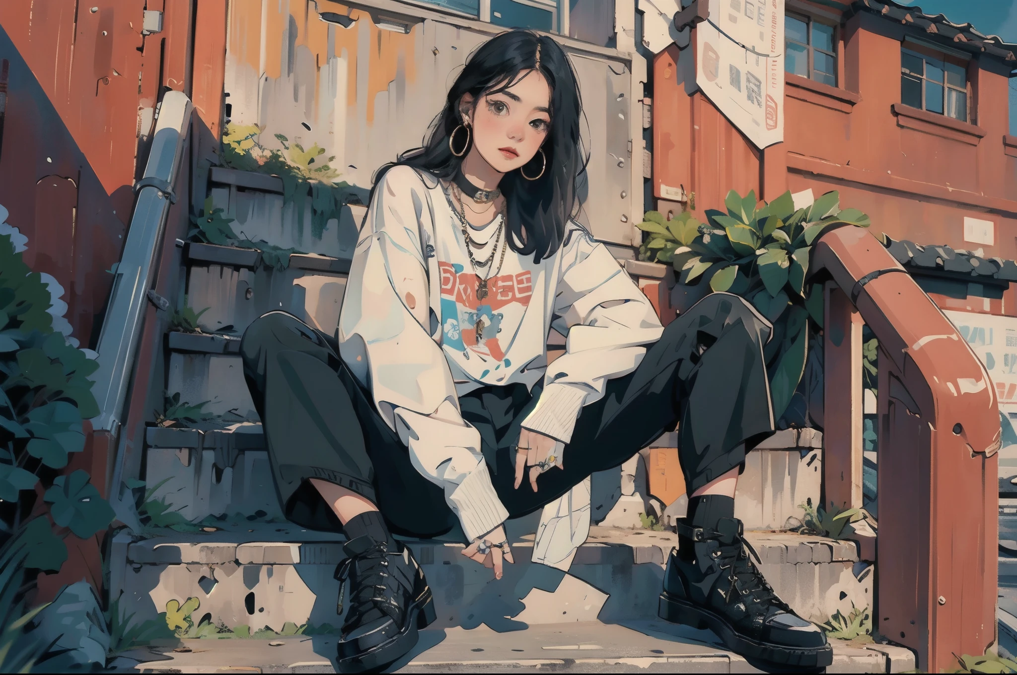 ((Masterpiece)), best quality, perfect anatomy, 8K wallpaper, 1girl, solo, black shoes, black hair, printed shirt, long hair, necklace, looking at viewer, long sleeves, on street, sitting on stairs, hoop earrings, wide shot, ring,