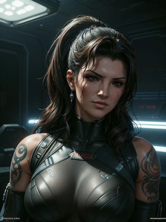 Detailed portrait cyberpunk (Gina Carano) (sks woman) (40 year old sks woman), futuristic neon reflective wear, sci-fi, robot parts, ismail inceoglu dragan bibin hans thoma greg rutkowski alexandros pyromallis nekro rene margitte illustrated, perfect face, round breasts, wide hips, ((tattoo)), brunette (long hair),, matte skin, pores, wrinkles, hyperdetailed, hyperrealistic,, Moody Lighting, Hasselblad Award Winner, Soft Diffuse Lighting, Smirk,, machine face, fine details, realistic shaded, intricate, elegant, dominatrix