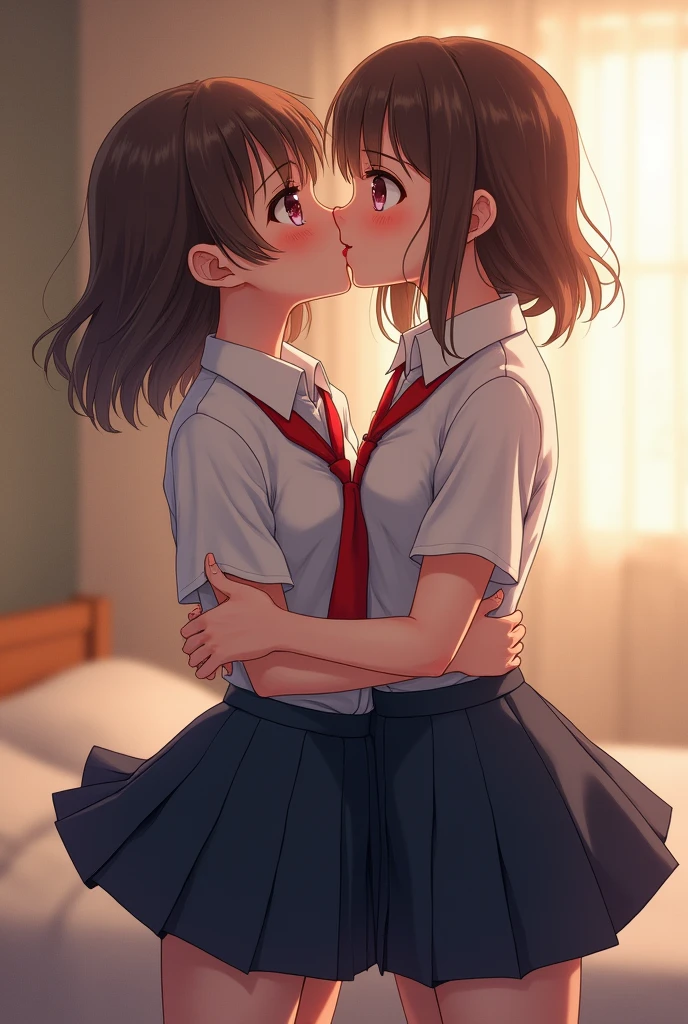 ((2 Japanese high school girl)), (((Cute 2 girl))), yuri, (school uniform), (White shirt), (Red tie), (Navy blue pleated skirt), mini skirt, Are standing, Perfect female figure, Perfect Face, Glossy pink lips, Expressive eyes, eye shadow, eyeliner, Huge natural breasts, (Tight waist), Light brown hair, short hair, (Floating Hair), Expressive hair, (Over-rimmed glasses), Long eyelashes, (Cowboy Shot), , (((kiss, kissing))), Bedroom, close eyes, Ultra-high resolution, masterpiece, Accurate, Anatomically correct, Textured skin, Super Detail, Attention to detail, high quality, Ultra-high quality,