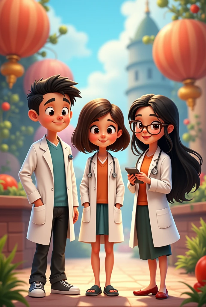 Disney style image with 3 nutritionists standing, a nutritionist boy with short black hair wearing a white doctor's coat and a nutritionist girl with shoulder-length straight brown hair also wearing a white doctor's coat and a girl with long wavy black hair and glasses wearing a white doctor's coat