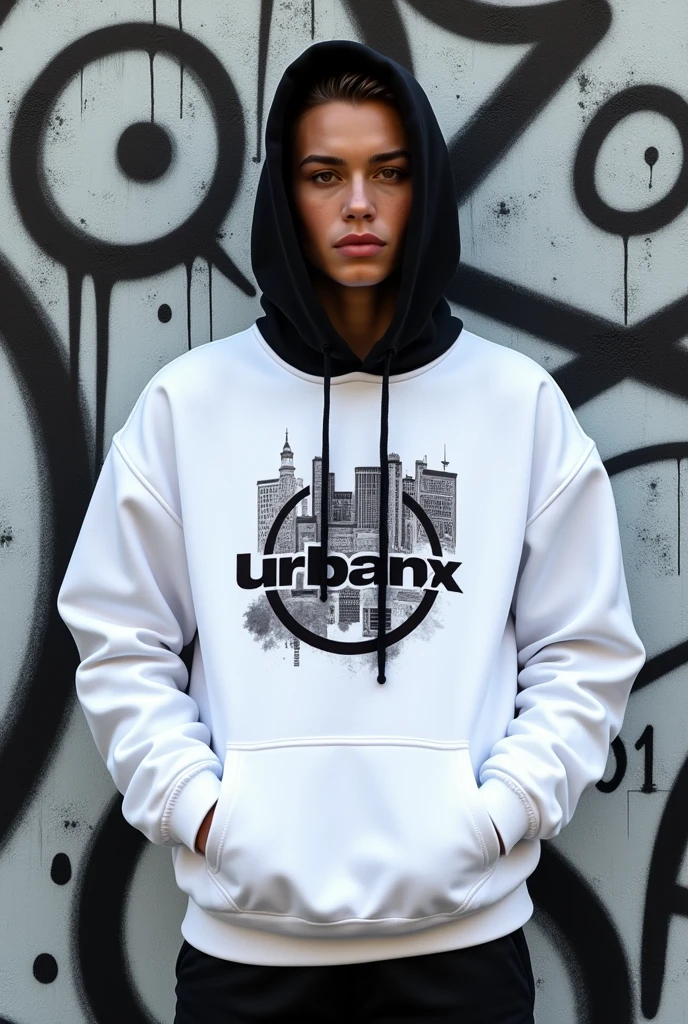 A high-quality, realistic image of an oversized white 'UrbanX' logo sweatshirt with a black hoodie, featuring a unique urban-inspired graphic illustration. The sweatshirt should be the sole focus of the image, with no people or additional clothing visible. The graphic print should be bold and original, street art, complementing the "UrbanX" logo prominently displayed on the front. The background should feature a graffiti covered wall with black and white paint splatters, enhancing the urban atmosphere. The overall aesthetic should be modern, bold and elegant, highlighting the brand's distinctive urban appeal."