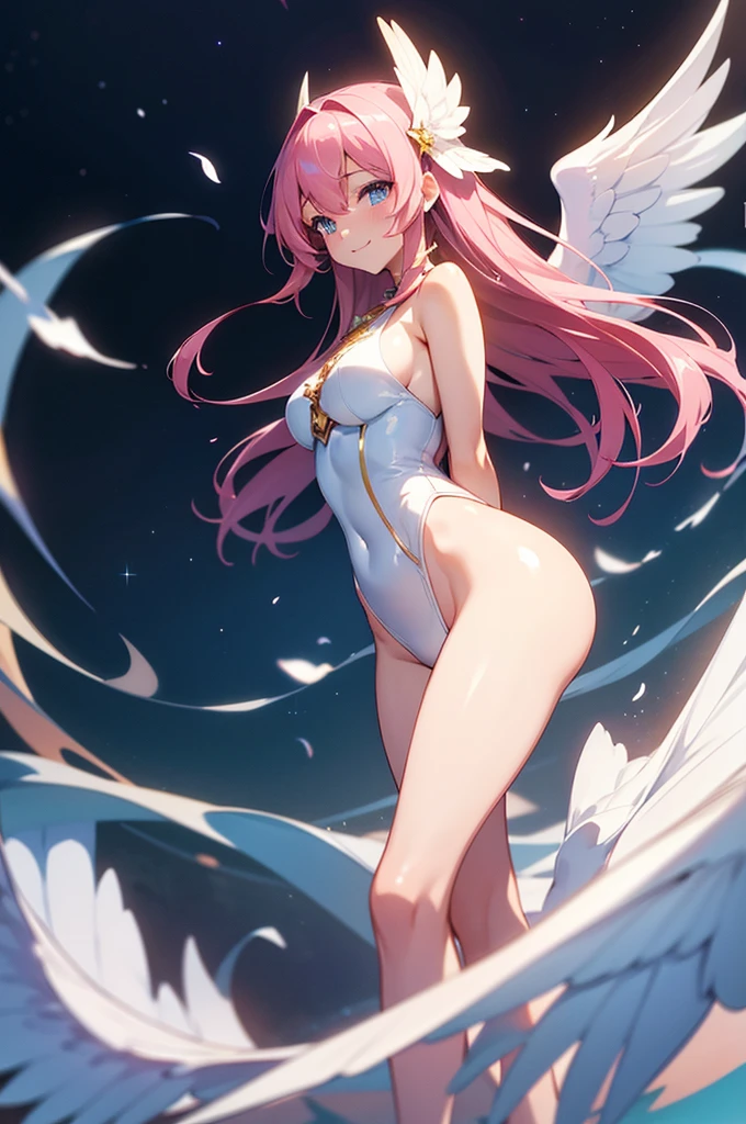 masterpiece,Highest quality,high definition,High resolution,4K,8k,Ultra-high-definition CG,masterpiece,Highest quality,high definition,High resolution,4K,8k,Ultra-high-definition CG,Anime illustration style,1girl, anime painted, front angle, pose standing, shiny pink long hair,blue eye, accessories ribbon, expression smiling,arms behind back,Scene Sky、An angel with large, glittering wings radiating from its back、Gracefully flapping its wings。fashion model posing ,shiny skin,Low angle ,fashion model posing ,angel costume,bashful,Perfect hands(refer to5Book)、from side,