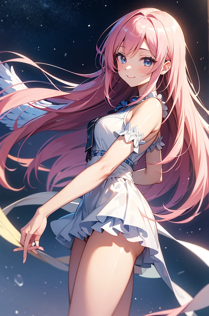 masterpiece,Highest quality,high definition,High resolution,4K,8k,Ultra-high-definition CG,masterpiece,Highest quality,high definition,High resolution,4K,8k,Ultra-high-definition CG,Anime illustration style,1girl, anime painted, front angle, pose standing, shiny pink long hair,blue eye, accessories ribbon, expression smiling,arms behind back,Scene Sky、An angel with large, glittering wings radiating from its back、Gracefully flapping its wings。fashion model posing ,shiny skin,Low angle ,fashion model posing ,angel costume,bashful,Perfect hands(refer to5Book)、from side,