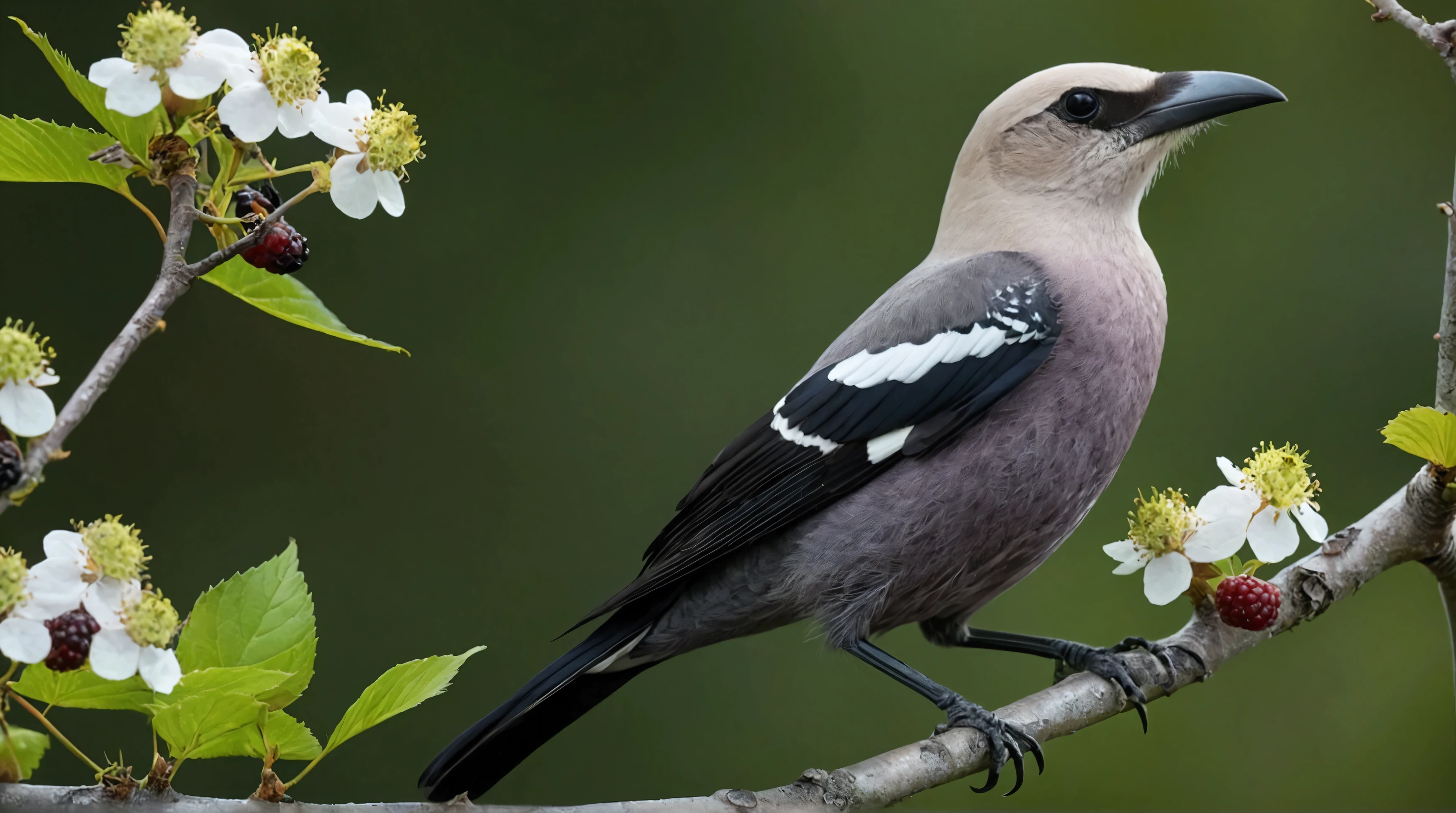 Create an ultra-high-definition 8K photo featuring a close-up of a Clark's Nutcracker perched gracefully on a wild blackberry tree branch. The bird's elegant pose is surrounded by vibrant green blackberry leaves, delicate white blackberry flowers, and clusters of ripe, dark blackberries.