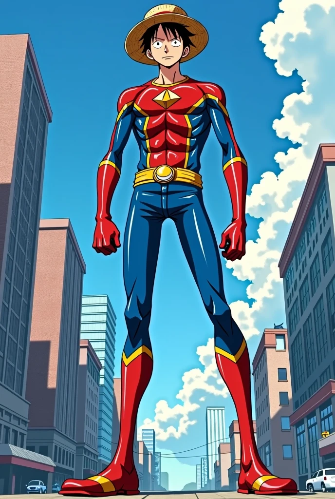 Monkey D. Luffy from One Piece if he was 10 feet tall, slender, and if he was dressed up as Kamala Khan Ms. Marvel from The Avengers.