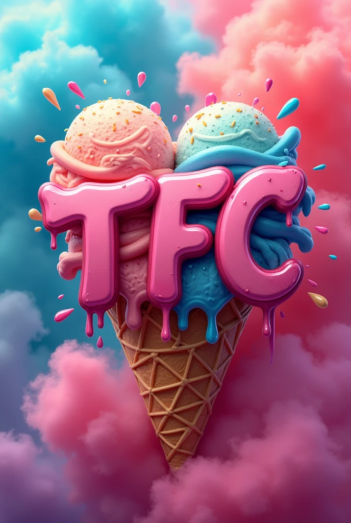 Ice cream cone logo that the ice cream is a real heart with graffiti type TFC letters dripping ice cream with colorful smoke explosion background