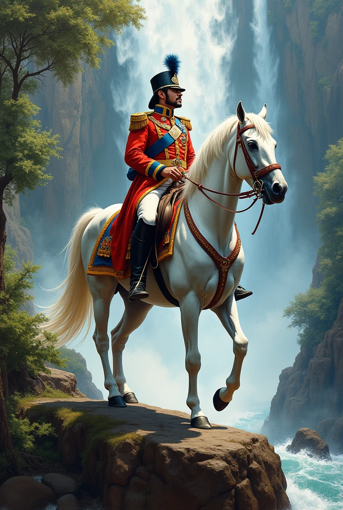 Simon Bolivar the Colombian Liberator riding a white Thoroughbred horse on the edge of a waterfall