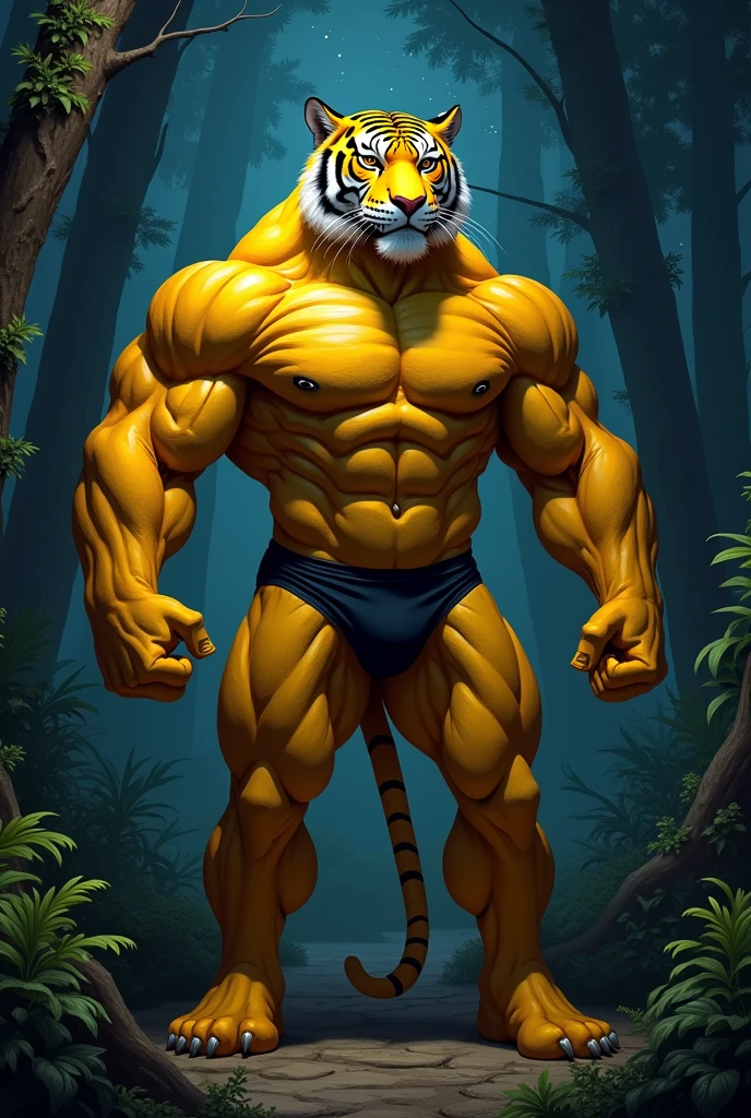 (photorealism:1.2), ((master piece)) a big butt muscular yellow tiger posing and wearing black underwear in the forest at night