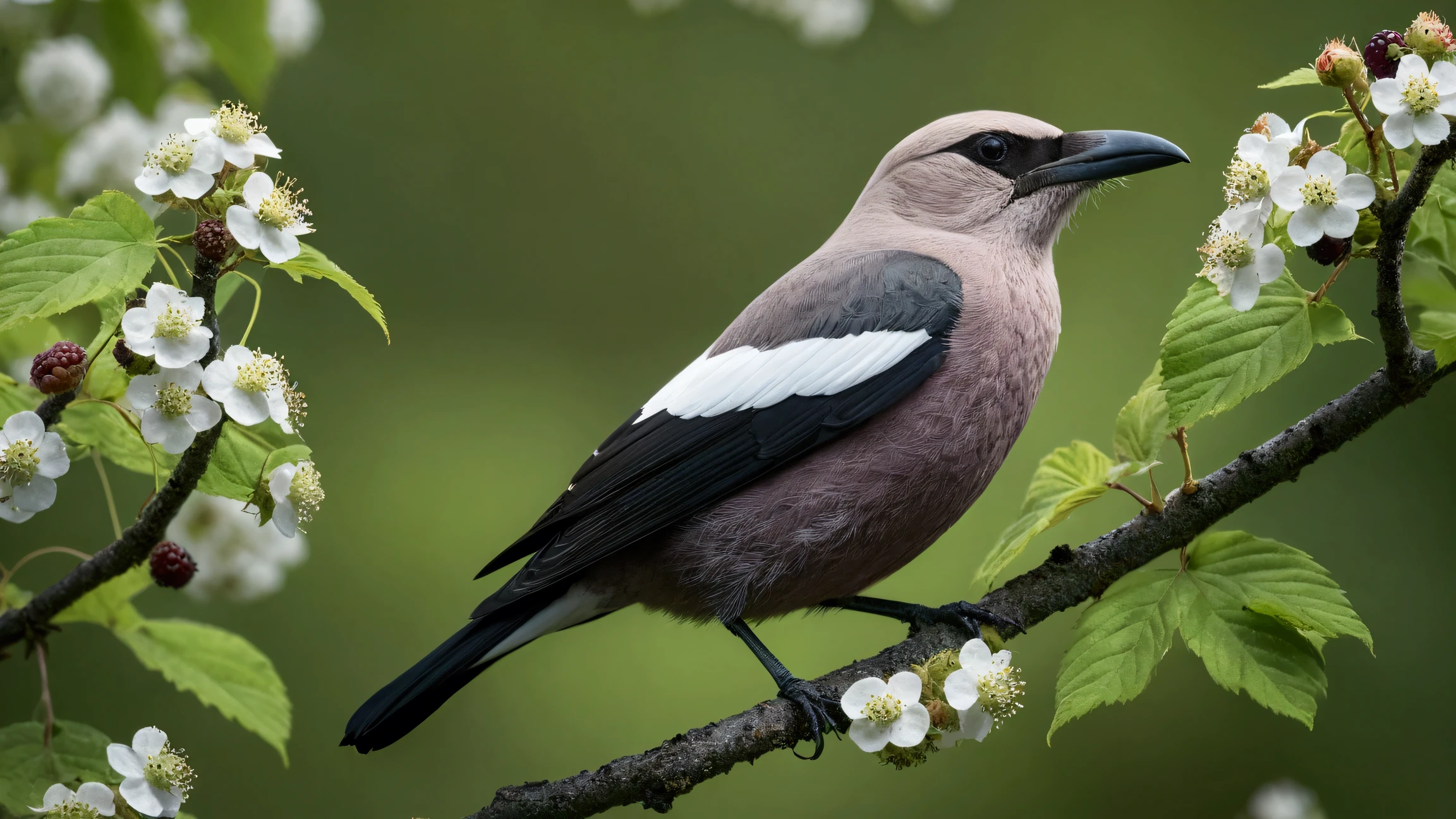 Create an ultra-high-definition 8K photo featuring a close-up of a Clark's Nutcracker perched gracefully on a wild blackberry tree branch. The bird's elegant pose is surrounded by vibrant green blackberry leaves, delicate white blackberry flowers, and clusters of ripe, dark blackberries.