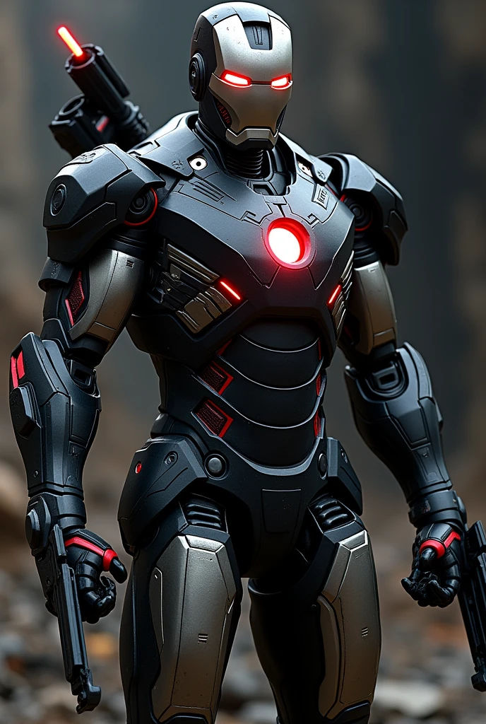 Black iron man, red eyes, silver face, red highlights, shoulder cannon, wrist guns