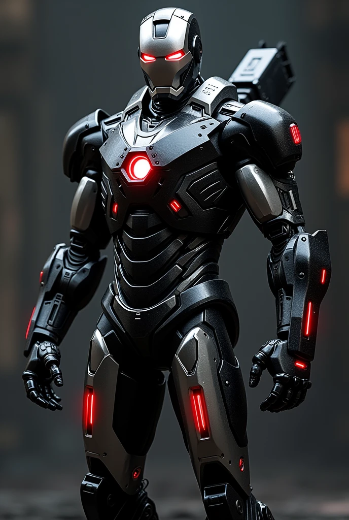 Black iron man, red eyes, silver face, red highlights, shoulder cannon, wrist guns