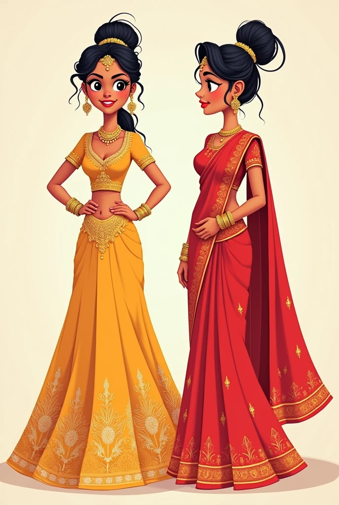 2d cartoon illustration an Indian girl bride.2 poses She wearing a gold lehenga and holding her waist.2 pose in red saree looking shy.Both poses they looking at each other.but there's a gap in between.