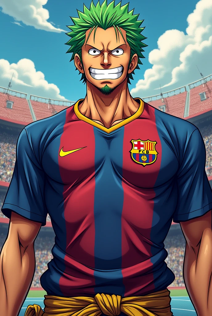  roro zoroin   Barcelona jersey. one piece character. make it good .latest zoro face. back ground শ anime scene 