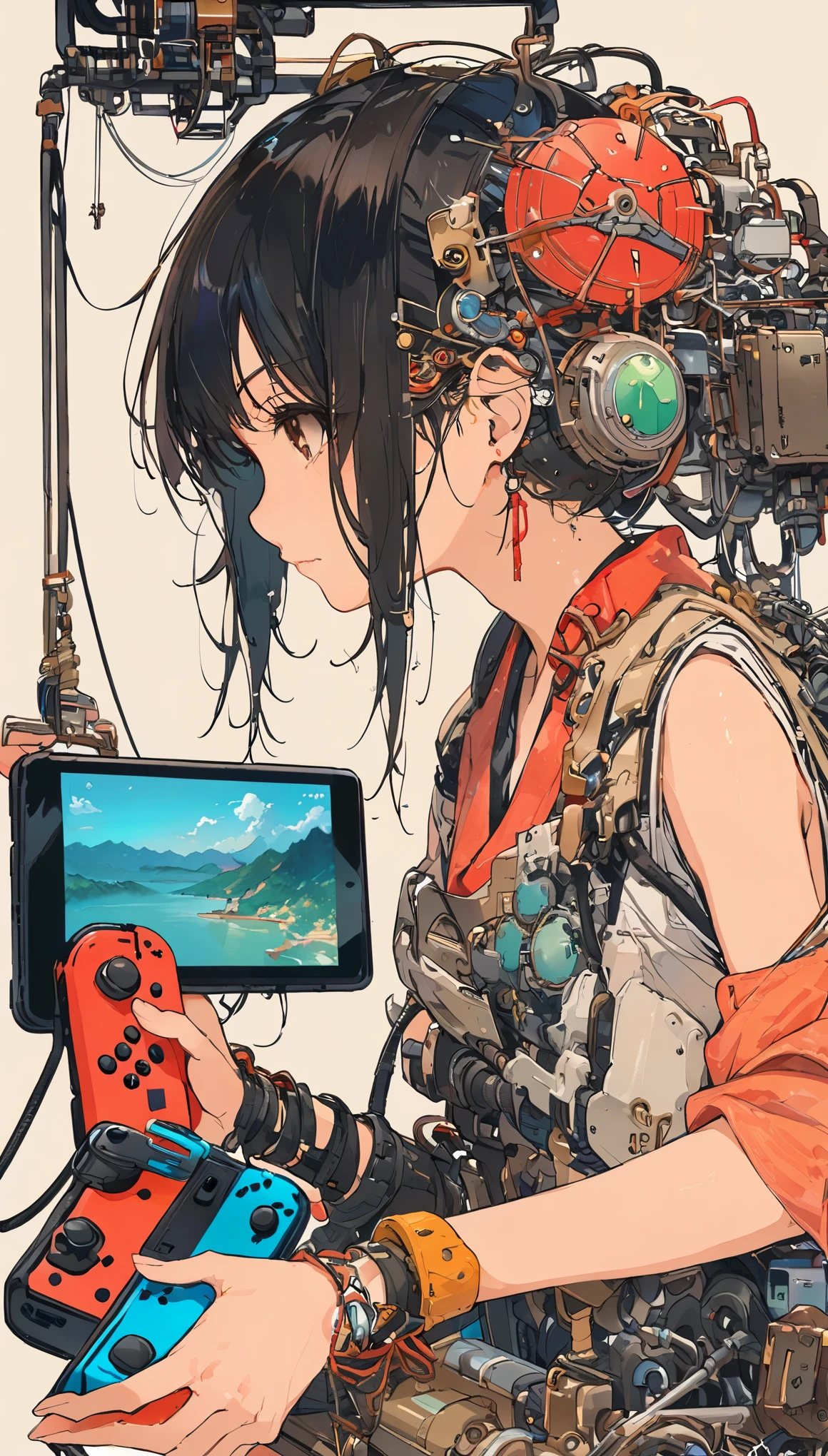 (Skinny girl) (Short bob style hair) (Black Hair) (Dark brown eyes) (parts) (Playing on Nintendo Switch)、Upper Body、Exoskeleton、Metal frame body、profile、The Style of Kawanabe Kyosai