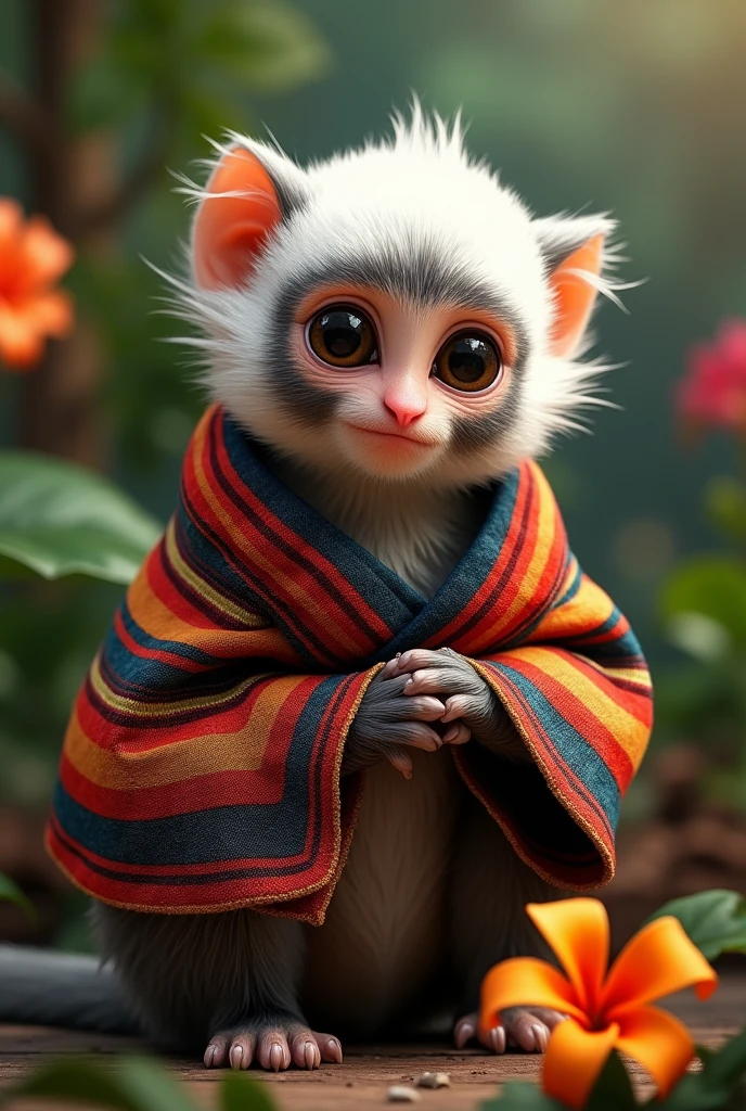 Create a white-headed titi monkey with a Colombian poncho but without sleeves 

