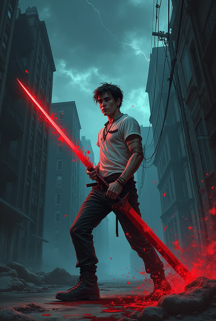 creates a young man who has a sword made of blood, comic book style image with his entire body bruised with a spot of blood on his white shirt, the background is Stormy Night in an alley of a city with the title Blood of Steel