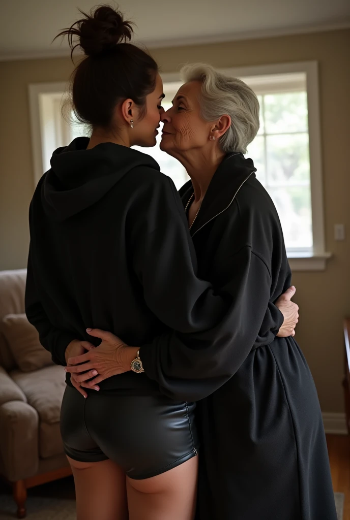 black woman hair in a bun black hoodie black leather short shorts being fucked in the ass by a old grandma in a dress