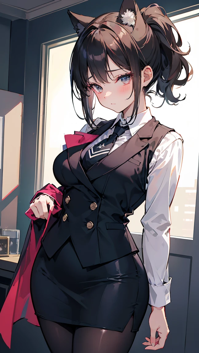 score_9, score_8_up, score_7_up, source_anime, 1girl, black eyes, room, wariza, medium hair, messy ponytail, dark brown hair, gradient hair, portrait, solo, Adult woman, best perfect anatomy, thin, curvy body, flat breasts, curvy body, close up shot on person, a woman showing embarrassment, shy face, blush, light smile, close up shot on person, pov_doorway, a woman showing his hand, mature woman standing poses, wear cat ear headband,skirt suit, (((three-piece suit))), necktie, blazer, (((suit jacket))), (((waistcoat))), double-breasted waistcoat, bodycon miniskirt, pencil skirt, tie clip, pocket square, pocket watch, white format gloves, pantyhose, dynamic angle. perfect dynamic composition, foreshortening, dramatic shading, night days, volumetric lighting, hotel room background,