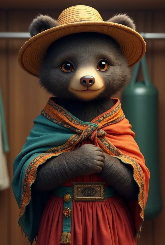 spectacled bear, tender, elegant, beautiful, with typical clothes from the Andean area, something in the locker room that characterizes her as a boxer, black, woman and make her young with a hat and makeup and without looking like a human, that the costume shows that it is a woman