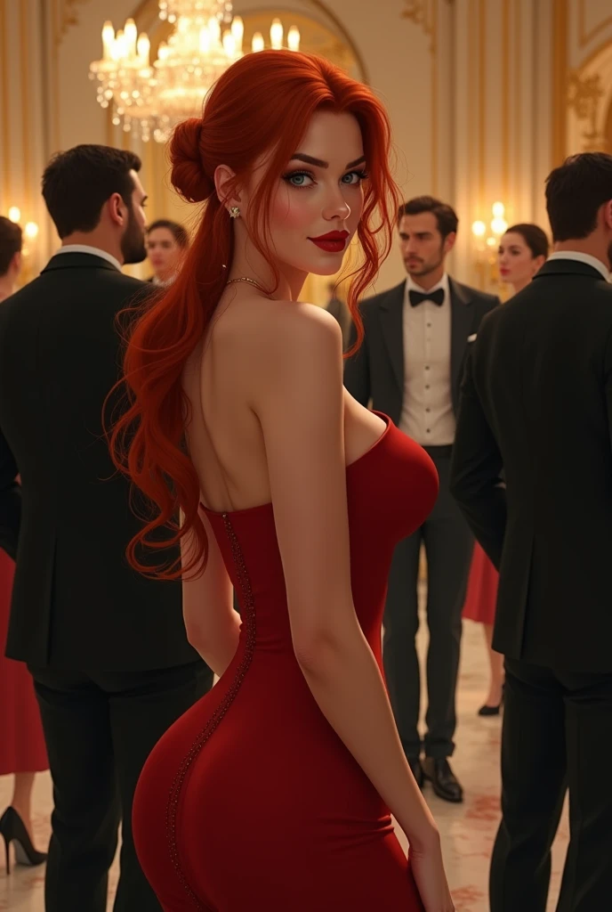 An attractive young woman with fair skin and red hair, long in bun, At a party of tycoons, she with her tall presence wears high heels and a long dress. Her body is curvy, fleshy lips, with wide hips and a thin waist
