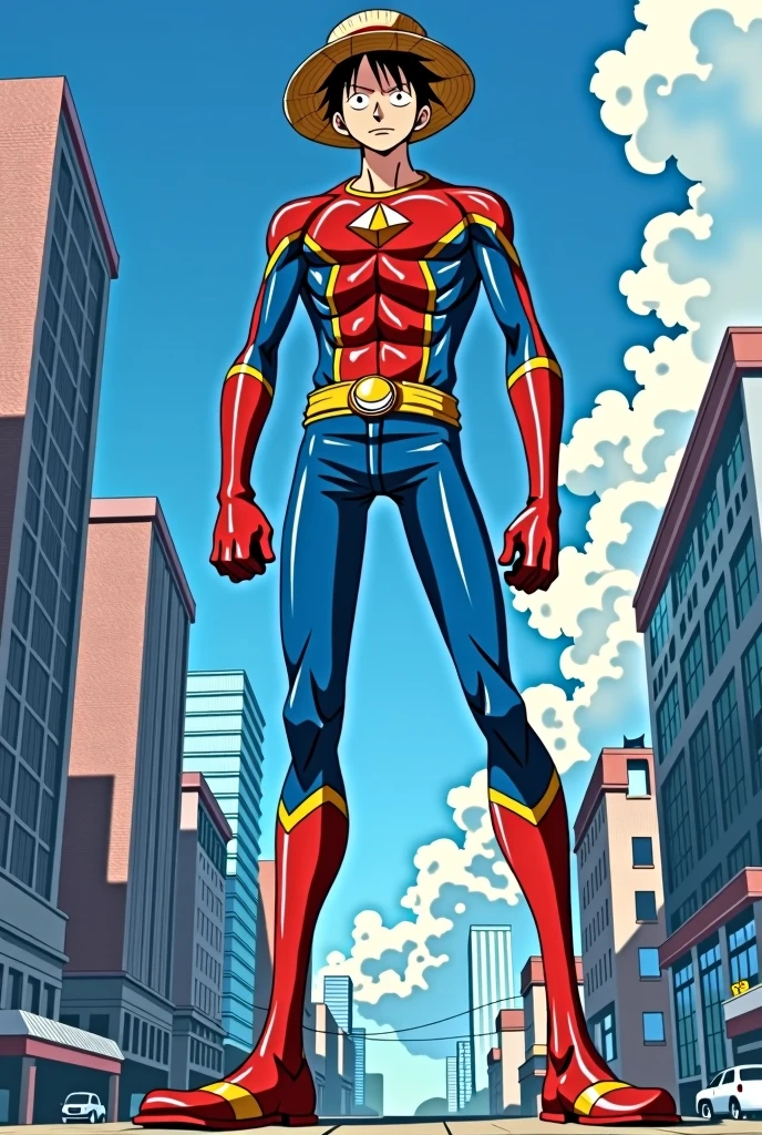 Monkey D. Luffy from One Piece if he was 10 feet tall, slender, and if he was dressed up as Kamala Khan Ms. Marvel from The Avengers.