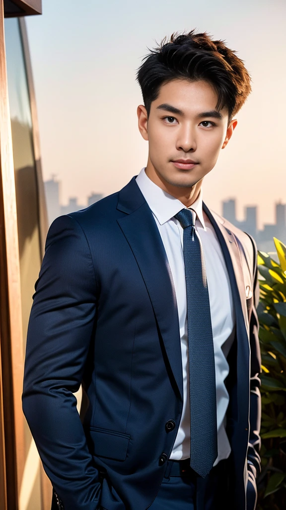 (realistically, Masterpiece, High resolution 8K, good light quality, Portrait, closed on face, complicated details), The most handsome Korean uncle., Beard，Age 40, Staring at desire, detailed face, Detailed eyes, look at the sky, shirt, suit lac suit，tick,黑Eyes, (Pale skin), body standards,brown hair, smooth hair,Big Back， Outdoor activities, evening, sunset,office room, Exaggerated, impersonal