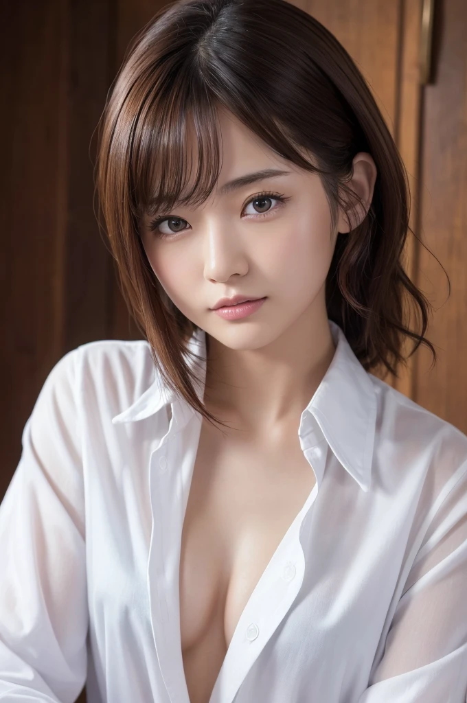 (best quality, 4K, 8k, highres, masterpiece:1.2), ultra-detailed, (realistic, photorealistic, photo-realistic:1.37), hyper detailed, extremely detailed, intricate details, sharp focus, physically-based rendering, professional, vivid colors, studio lighting、Japanese High School Girl、Natural Makeup、(Hair Color:Random)、middlehair、Inward curl、White shirt、Open shirt、Emphasize cleavage、side boob、under boob