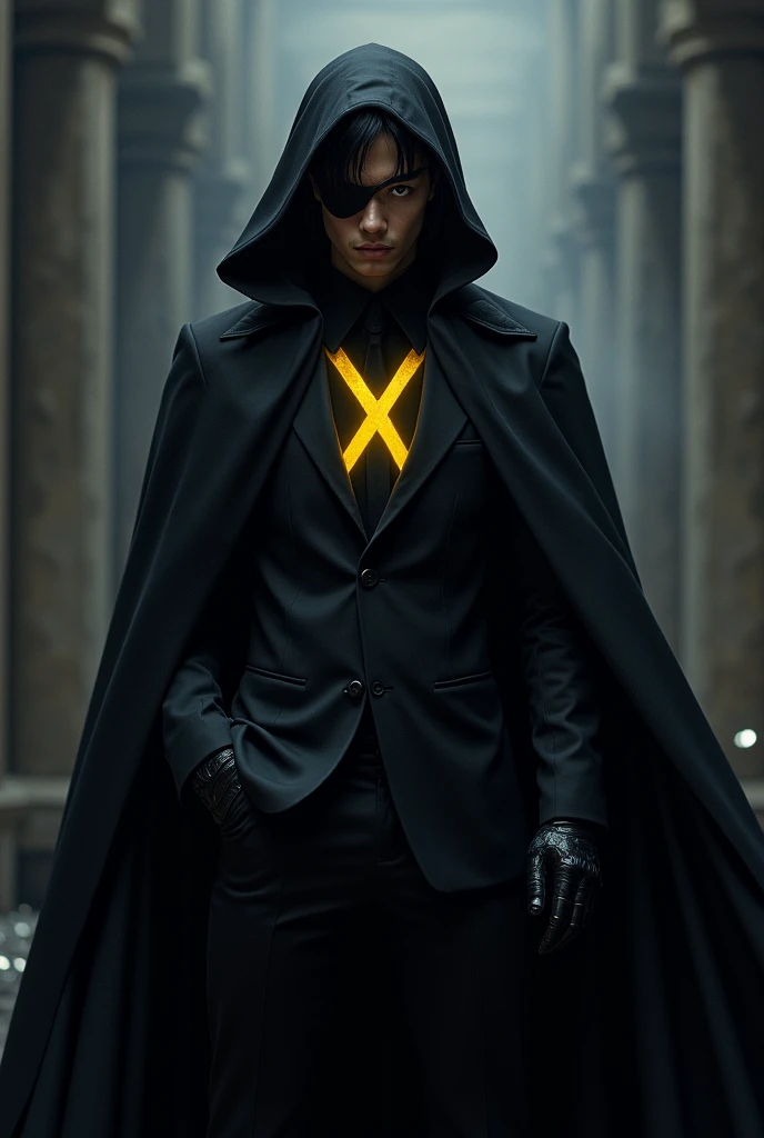 black hair, man , black cloak, left eye closed with a patch, yellow iron X in the middle of the suit