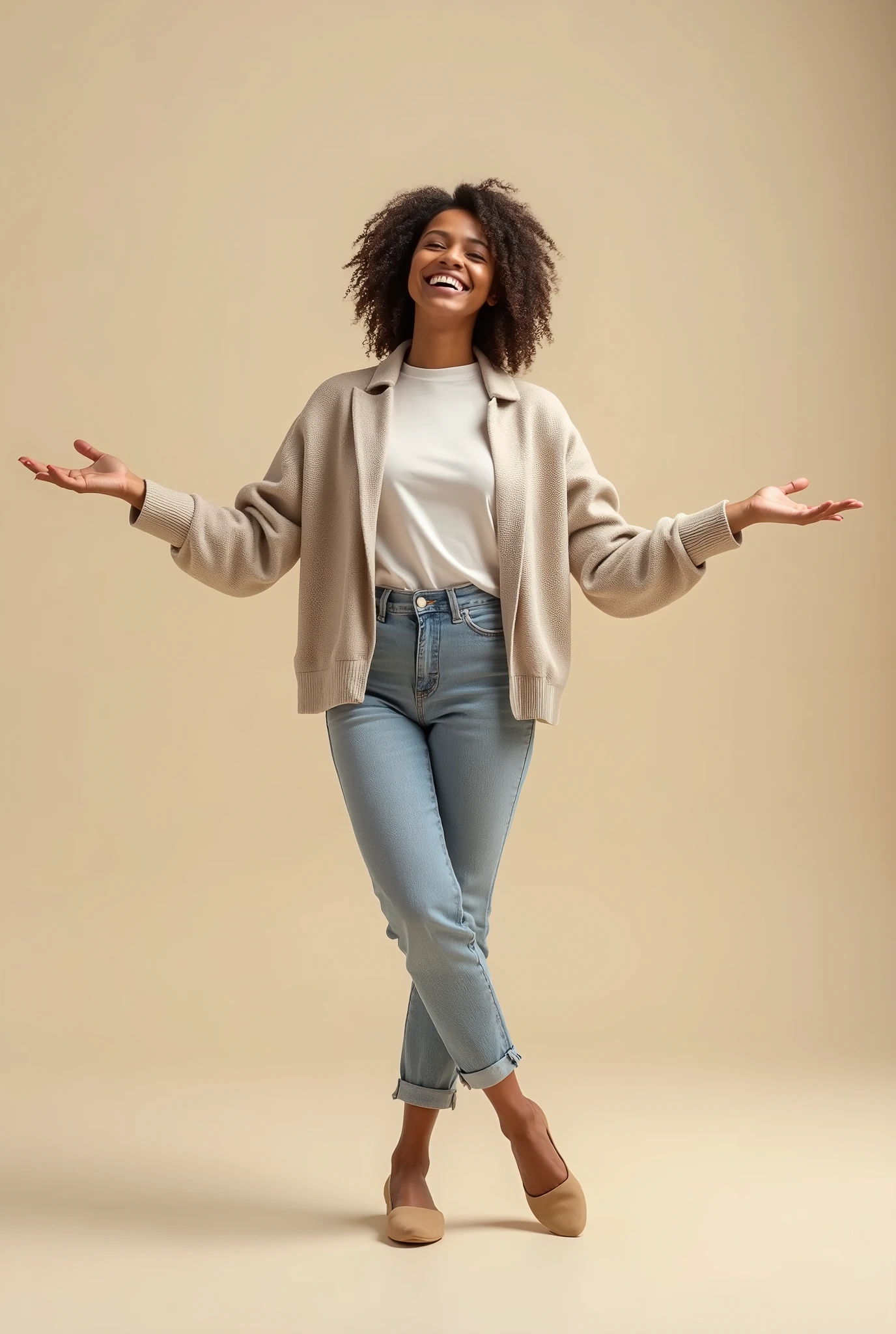 a one woman, Poses for photos alone, with open arms smiling 
/ solid bottom