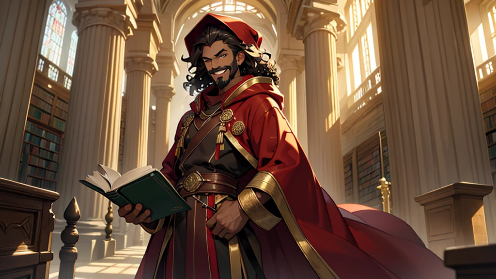 create a full-length head to toe image, perfect lighting, best quality solo man with mocha skin tone, dark brown long curly afro hair, green eyes, goatee and mustache, facial expression smiling, wearing long red robes with golden trim hood up over his head and brown leather boots, standing holding a large book with both hands in a library with large white columns