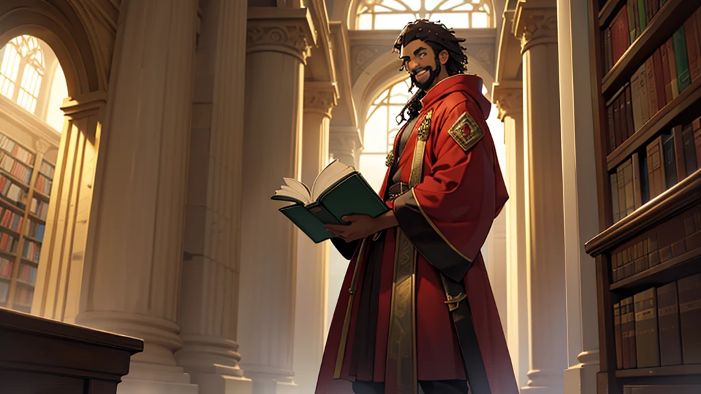 create a full-length head to toe image, perfect lighting, best quality solo man with mocha skin tone, dark brown long curly afro hair, green eyes, goatee and mustache, facial expression smiling, wearing long red robes with golden trim hood up over his head and brown leather boots, standing holding a large book with both hands in a library with large white columns