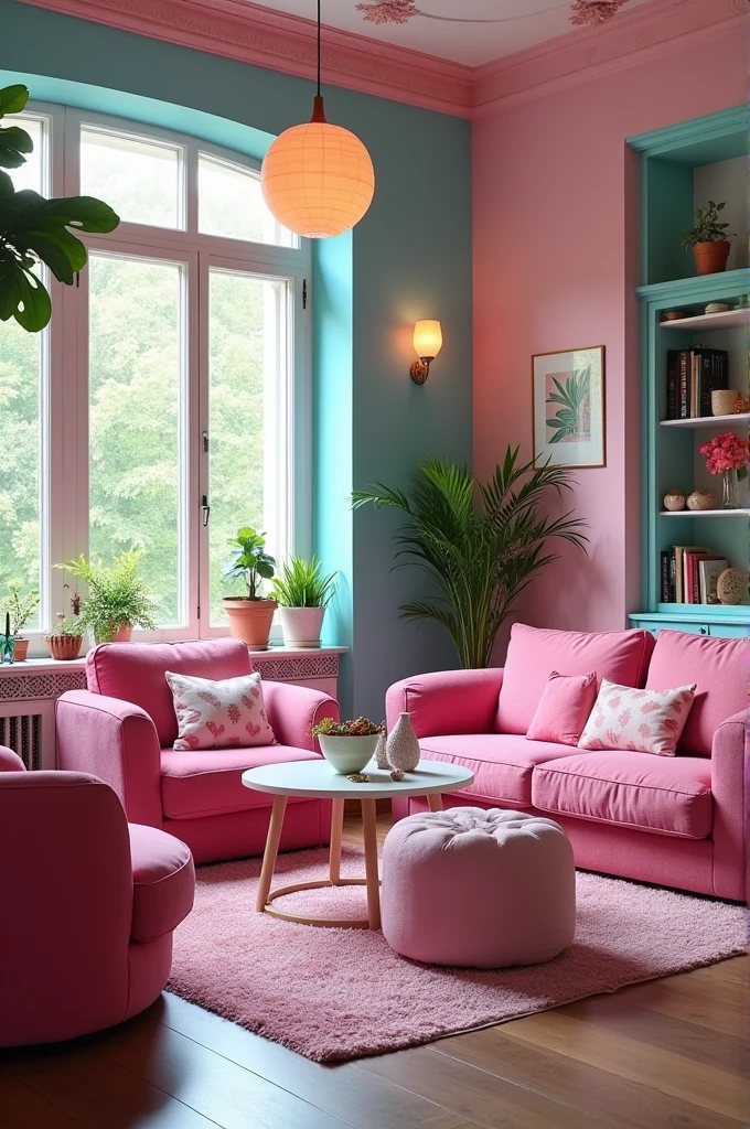 Living room decoration pink and turquoise color palette